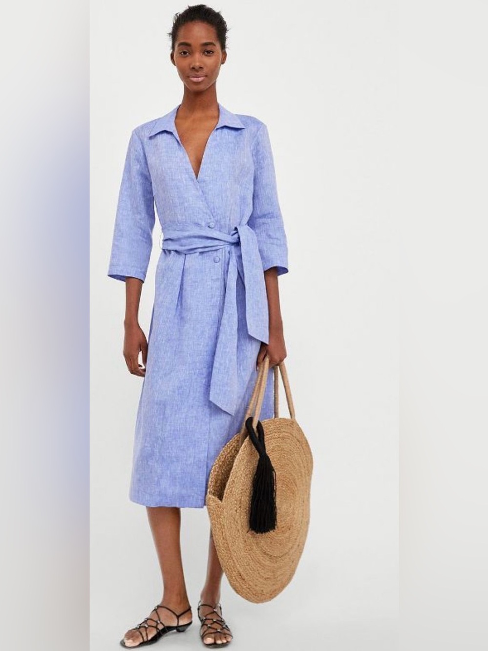NWT Zara Light Blue Wrap Linen Midi Dress with Waist Tie & Buttkn Detail Size M